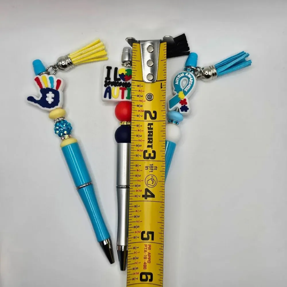 Autism Awareness Beaded Ink Pen with Tassel Charm Silicone Focal Bead SET OF 3